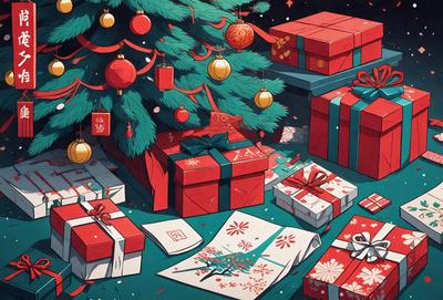 The primary subject of the image is a Christmas tree, which is adorned with ornaments and presents. The setting is a room with a table, and the visual style is a colorful, illustrated drawing. The colors and mood of the image are festive and joyful, with red and green being the dominant colors.